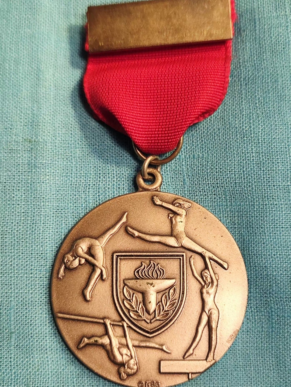 Vintage Bronze Gymnastics Medal with Red Ribbon 1990